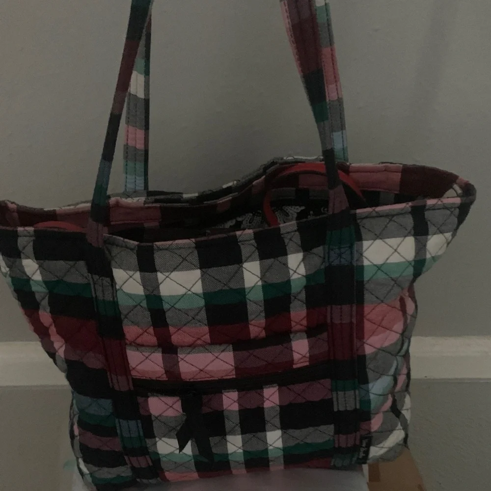 Vera Bradley Quilted Plaid Tote in Pink, Black & Green